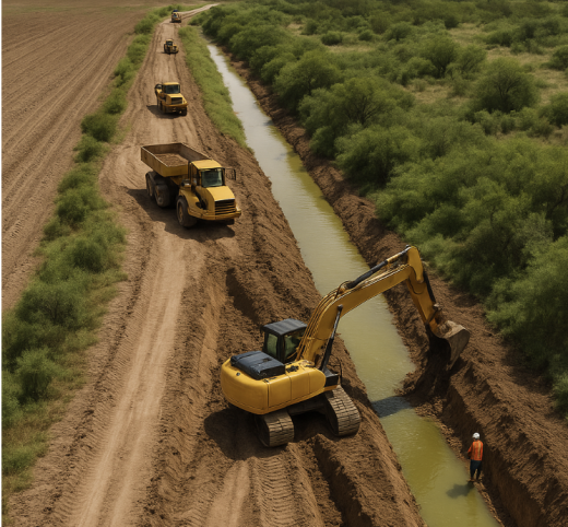Heavy equipment working on a drainage ditch from an aerial view